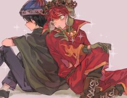 Rule 34 | 2boys, animification, back-to-back, black hair, boots, cape, closed eyes, commentary request, crown, fur hat, gloves, green eyes, hand on own knee, hat, helmet, kyle broflovski, lace-up boots, looking back, looking to the side, male focus, multiple boys, orange hair, pants, short hair, sitting, south park, south park: the stick of truth, stan marsh, syu (no1zerg), ushanka
