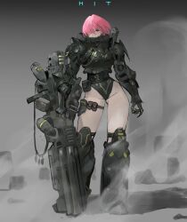 1girl absurdres armor armored_boots arowana2111 black_boots black_leotard blue_eyes boots commentary energy_gun english_commentary floating_hair full_body grey_background highres huge_weapon kneehighs leotard leotard_under_clothes looking_at_viewer original pink_hair science_fiction short_hair socks solo weapon
