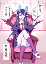 1girl absurdres black_hair black_jacket blazer blue_eyes breasts chair collared_shirt commentary crossed_legs demon_girl demon_horns fangs fingernails hellfire highres horns jacket kneehighs large_breasts long_fingernails long_hair long_sleeves looking_at_viewer mary_janes necktie open_mouth original pleated_skirt pointy_ears red_necktie school_uniform shirt shoes sitting skirt smile socks solo tatsubon thighs white_shirt