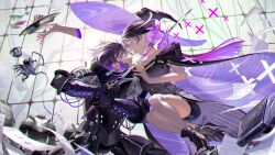 1boy 1girl absurdres armor black_armor black_hair black_shorts book cape closed_mouth commentary_request commission eye_contact floating_hair ga1ahad gauntlets hat highres holding holding_sword holding_weapon knight large_hat looking_at_another mili_(band) mixed-language_commentary profile purple_cape purple_eyes purple_hair short_hair short_shorts shorts skeb_commission sword tellulu ubwmitekure weapon witch witch_hat