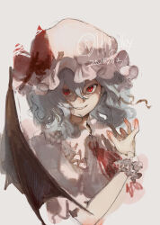 Rule 34 | 1girl, bat wings, blue hair, embodiment of scarlet devil, hat, hat ribbon, highres, kagari (kgr 000), mob cap, red eyes, remilia scarlet, ribbon, smile, solo, touhou, wings