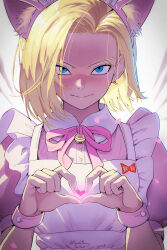 1girl absurdres alternate_costume android_18 animal_ears apron bell blonde_hair blue_eyes blush cat_ears dragon_ball earrings embarrassed fake_animal_ears heart heart_hands highres jewelry jingle_bell looking_at_viewer maid maid_apron maid_headdress masuda_masaru short_hair solo upper_body