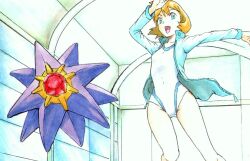 1girl brown_hair competition_swimsuit gen_1_pokemon misty_(pokemon) nintendo one-piece_swimsuit pokemon pokemon_hgss rein_(leviathan-behemoth) starmie swimsuit