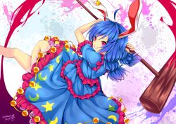 1girl ahoge ambiguous_red_liquid animal_ears bad_id bad_pixiv_id bare_legs blue_dress blue_hair chikuwa_savy crescent dress earclip female_focus frilled_dress frills holding kine long_hair low_twintails mallet multi-tied_hair parted_lips pink_eyes rabbit_ears seiran_(touhou) short_sleeves solo teeth touhou twintails