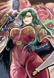 1girl absurdres belt black_belt black_cape black_gloves bodysuit breasts cape cima_garahau commentary dated elbow_gloves gerbera_tetra gloves green_eyes green_hair gundam gundam_0083 highres looking_at_viewer mecha mobile_suit okrdisk2000 one-eyed red_bodysuit robot rubber_gloves science_fiction smile solo zeon
