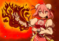1girl bandages chain chinese_clothes double_bun false_arm false_limb female_focus fire flower flx highres ibaraki_kasen pink_hair red_eyes rose short_hair solo touhou