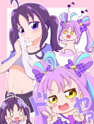 0_0 1girl absurdres ahoge artist_name black_pants blue_hair blue_shirt bow chibi clothes_lift commentary cure_kyunkyun dancing double_v doyagao dress eighth_note hair_bow highres hood hoodie kimi_to_idol_precure lifting_own_clothes long_hair medium_hair motion_lines multicolored_hair multiple_views musical_note navel pants parted_lips precure purple_bow purple_dress purple_eyes purple_hair purple_hoodie shigure_kokoro shirt shirt_lift short_sleeves smug sportswear standing sweatdrop t-shirt tanyan_(pixiv_92698) translated twintails two-tone_hair two-tone_shirt two_side_up v very_long_hair white_shirt wiping_sweat yellow_eyes