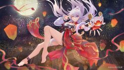 1girl ;p absurdres aerial_fireworks barefoot blue_eyes breasts chinese_commentary commentary_request detached_sleeves dress feet fireworks full_moon henjiwumei highres honkai_(series) honkai_impact_3rd kiana_kaslana kiana_kaslana_(ba-dum!_fiery_wishing_star) lantern large_breasts long_hair looking_at_viewer miyoushe_watermark moon night night_sky one_eye_closed paper_lantern ponytail red_dress rice_cake_(honkai_impact) sky sky_lantern snake star-shaped_pupils star_(symbol) symbol-shaped_pupils toes tongue tongue_out watermark