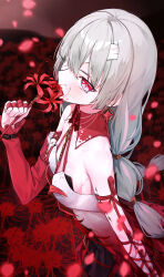 Rule 34 | 1girl, absurdres, bandage over one eye, bandaged arm, bandages, bare shoulders, black skirt, blush, breasts, commentary, detached sleeves, dress, earrings, flower, from side, gradient clothes, gradient dress, grey hair, hand up, highres, holding, holding flower, jewelry, kuchigau, looking at viewer, looking to the side, medium breasts, phrolova (wuthering waves), red dress, red eyes, red petals, single detached sleeve, skirt, solo, spider lily, tacet mark (wuthering waves), white dress, wuthering waves