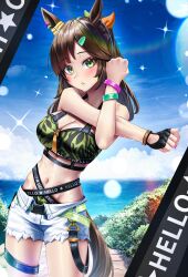 1girl absurdres animal_ears bare_shoulders belt bikini black_gloves blue_sky blush breasts brown_hair chestnut_mouth cleavage clenched_hands cloud collarbone commentary cowboy_shot cross-body_stretch day diagonal_bangs ear_ornament freckles gloves green_belt green_bikini green_eyes groin hair_ornament hair_ribbon highres horse_ears horse_girl horse_tail ines_fujin_(hello_hello_island)_(umamusume) ines_fujin_(umamusume) large_breasts long_hair looking_at_viewer manjo_(warito) midriff multi-strapped_bikini_bottom navel no_jacket ocean official_alternate_costume official_alternate_hairstyle outdoors parted_lips ponytail ribbon shorts sidelocks single_glove sky solo standing stretching sweat swept_bangs swimsuit tail umamusume variant_set white_shorts wristband zipper