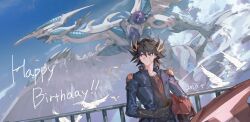 1boy absurdres bird black_hair black_shirt blonde_hair blue_jacket card d-wheel dated dove dragon duel_monster facial_mark fudo_yusei happy_birthday helmet highres holding holding_card holding_helmet jacket multicolored_hair nrkse0n purple_eyes red_helmet shirt solo_focus stardust_dragon streaked_hair trading_card two-tone_hair unworn_headwear unworn_helmet yu-gi-oh! yu-gi-oh!_5d&#039;s