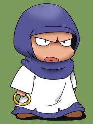 1girl black_eyes blue_hood blue_skirt bodkin_archer bodkin_archer_(cosplay) boots brown_boots chibi chibi_only closed_mouth commentary_request cosplay dragon_quest frown full_body green_background holding_hoop hood hood_up hoop kumoi_ichirin lips onikobe_rin shirt simple_background skirt solo touhou white_shirt