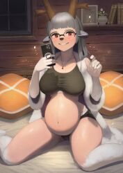 1girl antlers breasts colored_extremities eguchi_tumoru fur_(clothing) glasses grey_hair holding holding_phone horns indoors jewelry large_breasts long_hair looking_at_viewer navel open_clothes open_robe original over-rim_eyewear pendant phone pregnant red_eyes robe semi-rimless_eyewear shorts sitting smile solo sports_bra wariza wet_sports_bra