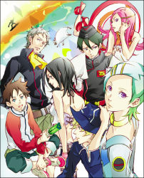 00s 3girls 4boys anemone_(eureka_seven) animal ascot bare_back bare_shoulders belt black_hair blonde_hair blush dominic_sorel emblem eureka_(eureka_seven) eureka_seven eureka_seven_(series) green_hair gulliver_(eureka_seven) hair_ornament hairclip hat high_heels holding holland_novak indian_style looking_at_viewer looking_back lying moondoggie multiple_boys multiple_girls on_stomach open_mouth paper pink_hair purple_eyes raglan_sleeves renton_thurston short_hair silhouette sitting surfboard talho_yuuki uniform