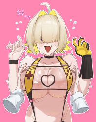 1girl 1other :3 ahoge bikini blonde_hair breasts cleavage_cutout clothing_cutout disembodied_hand elegg_(boom_and_shock)_(nikke) elegg_(nikke) fang gloves goddess_of_victory:_nikke grabbing_another&#039;s_breast groping hair_intakes hair_over_eyes heart_cutout highres long_sleeves looking_at_viewer medium_hair navel nsan official_alternate_costume open_mouth pink_eyes purple_eyes shirt simple_background single_glove slingshot_swimsuit solo_focus stomach surprised swimsuit white_shirt yellow_bikini yellow_gloves yellow_slingshot_swimsuit
