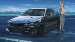 1girl baseball_cap blue_jacket brown_hair car closed_mouth commentary_request green_hat green_skirt hat highres jacket long_hair long_skirt momo_hiki motor_vehicle nissan nissan_skyline nissan_skyline_gt-r nissan_skyline_r34 open_clothes open_jacket original outdoors personification shirt shoes skirt smile sneakers solo sports_car standing vehicle_and_personification vehicle_focus white_shirt white_shoes