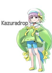 1girl :3 absurdres asymmetrical_bangs bare_legs beret bike_shorts blue_shorts bob_cut bow character_name child commentary_request doyagao dress drop_shadow fate/grand_order fate_(series) flats full_body furisode_sleeves green_dress green_kimono hair_behind_ear hair_bow hands_on_own_hips hat highres japanese_clothes kazuradrop_(fate) kazuradrop_(first_ascension)_(fate) kimono kimono_dress light_blush looking_at_viewer mentaiko_mamire purple_eyes purple_hair ribbon ribbon-trimmed_sleeves ribbon_trim sailor_collar shoes short_hair shorts simple_background sleeve_cuffs smile smirk smug solo standing v-shaped_eyebrows white_background white_hat white_sailor_collar white_sleeve_cuffs wide_sleeves yellow_bow yellow_ribbon yellow_shoes