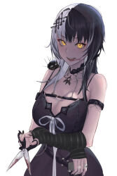 1girl arm_strap black_arm_warmers black_choker black_dress black_hair black_nails blood blood_on_face breasts choker cleavage dress grey_hair highres holding holding_scissors hololive hololive_english jewelry large_breasts long_hair looking_at_viewer muimi_(princess_connect!) multicolored_hair ribbon ring scissors shiori_novella shiori_novella_(1st_costume) simple_background solo split-color_hair striped_arm_warmers two-tone_hair virtual_youtuber white_background white_ribbon yellow_eyes yorick_(shiori_novella)