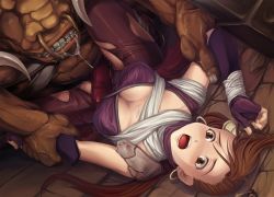 1girl assassin_(ragnarok_online) breasts brown_eyes brown_hair censored cleavage dark_matrix earrings erection fingerless_gloves gloves grinding highres imminent_rape jewelry long_hair monster moonshell open_mouth penis ponytail ragnarok_online restrained saliva scared torn_clothes