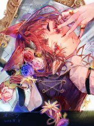 Rule 34 | 1other, animal ears, black vest, blue flower, blue rose, cat ears, cat tail, chinese commentary, closed mouth, collared shirt, commentary request, dated, empty picture frame, eyelashes, fingernails, flower, gold ring, highres, jewelry, jiuyujianbaishi, long fingernails, looking at viewer, mairimashita! iruma-kun, multiple rings, neck ribbon, opera (iruma-kun), picture frame, pink flower, pink rose, pointy ears, procreate (medium), red eyes, red flower, red hair, red nails, red ribbon, red rose, ribbon, ring, rose, shirt, short hair, signature, solo, tail, vest, white flower, white shirt