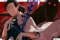 1boy 1girl black_hair fate/grand_order fate_(series) gloves glowing glowing_eyes hidden_face highres jacket jacket_on_shoulders katana long_hair low_ponytail oryou_(fate) polearm ponytail sakamoto_ryouma_(fate) spear sword tia_(cocorosso) weapon white_gloves