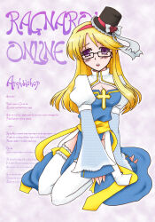 1girl arch_bishop_(ragnarok_online) black-framed_eyewear black_hat blonde_hair blue_dress blush bow breasts character_name cleavage cleavage_cutout clothing_cutout commentary_request copyright_name cross dress frilled_hat frilled_thighhighs frills full_body glasses hairband hat hat_bow juliet_sleeves long_hair long_sleeves looking_at_viewer medium_breasts mini_hat mini_top_hat open_mouth pelvic_curtain puffy_sleeves purple_eyes ragnarok_online red_hairband sash solo thighhighs top_hat two-tone_dress white_bow white_dress white_thighhighs yazawa_kazuki yellow_sash