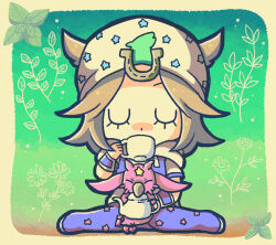 1boy 1other absurdres blue_sleeves brown_hair chibi closed_eyes colored_skin commentary cup drinking eyelashes floral_background flower green_background grey_hat grey_hoodie grey_sleeves hat highres holding holding_cup holding_teapot hood hood_down hoodie horseshoe_hat_ornament horseshoe_ornament johnny_joestar jojo_no_kimyou_na_bouken m_a_a_m_8 male_focus medium_hair pink_skin short_sleeves sitting solo stand_(jojo) star_(symbol) star_print steel_ball_run symbol-only_commentary teacup teapot tusk_(stand) tusk_act1 two-tone_sleeves wariza wristband