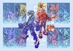 1boy 1girl alternate_costume anniversary arm_cannon armored_armadillo_(mega_man) armored_boots blonde_hair blue_footwear blue_helmet blue_jacket boomer_kuwanger_(mega_man) boots brown_hair character_name chill_penguin_(mega_man) copyright_name flame_mammoth_(mega_man) green_eyes hand_in_pocket headphones helmet holding holding_sword holding_weapon jacket launch_octopus_(mega_man) long_hair mega_man_(character) mega_man_(classic) mega_man_(series) mega_man_x_(series) nakayama_tooru open_clothes open_jacket ponytail red_footwear red_jacket robot roll_(mega_man) rush_(mega_man) shoes short_hair sketch spark_mandrill_(mega_man) sting_chameleon_(mega_man) storm_eagle_(mega_man) sword weapon zipper