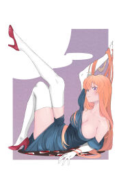 1girl absurdres alternate_costume blonde_hair blue_dress breasts cleavage dress elbow_gloves from_side gap_(touhou) gloves hair_between_eyes high_heels highres large_breasts light_smile long_hair lying on_back purple_background purple_eyes red_shoes shoes short_sleeves shot_(shot0598) single_bare_shoulder thighhighs touhou very_long_hair white_gloves white_thighhighs yakumo_yukari