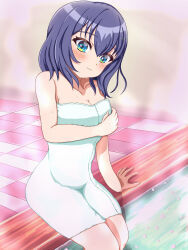 1girl bare_shoulders bath blue_eyes blue_hair blush breasts closed_mouth collarbone hair_between_eyes heart heart-shaped_pupils highres looking_at_viewer medium_breasts naked_towel shizuka_(world_dai_star) sitting smile solo symbol-shaped_pupils towel water wet world_dai_star yu_yu04250