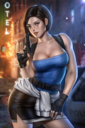 Rule 34 | 1girl, artist name, ayya sap, black gloves, black nails, black skirt, blue eyes, blue tube top, breasts, cleavage, clothes around waist, fingerless gloves, fire, gloves, gun, handgun, holding, holding gun, holding weapon, jill valentine, miniskirt, nail polish, patreon username, resident evil, resident evil 3: nemesis, skirt, strapless, sweater, sweater around waist, tube top, weapon