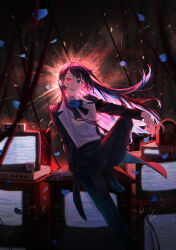 Rule 34 | 1girl, absurdres, ado (utaite), arm on knee, arm support, arsum0731, backlighting, black bow, black bowtie, black hair, black pants, black shoes, blue eyes, blue flower, blue rose, bow, bowtie, cable, chando (ado), collared shirt, commentary, crt, explosion, floating hair, flower, foot out of frame, formal clothes, gloves, ha-chan (ado), heterochromia, highres, jacket, knee up, long hair, long sleeves, looking at viewer, on television, open clothes, open jacket, open mouth, pants, petals, red eyes, rose, shirt, shoes, single glove, sitting, smile, solo, sparks, static, suit jacket, television, unworn gloves, very long hair, white gloves, white shirt