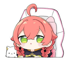 1girl :&lt; ahoge blush_stickers braid chair chibi commentary green_eyes hair_between_eyes highres jacket long_hair low_twintails nijisanji nozo_(hitomiz) office_chair on_chair parted_lips red_hair shishido_akari simple_background solo swivel_chair triangle_mouth twin_braids twintails upper_body virtual_youtuber white_background yellow_jacket