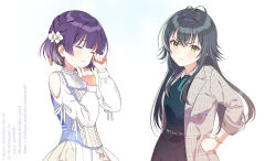 2girls absurdres annoyed averting_eyes black_skirt blush clenched_hand clothing_cutout corset crying dress flower gakuen_idolmaster green_eyes green_hair green_shirt grey_jacket hair_flaps hair_flower hair_ornament hand_on_own_hip hataya_misuzu hatsuboshi_gakuen_school_uniform highres idolmaster jacket long_hair looking_to_the_side multiple_girls omitsu plaid_clothes plaid_jacket purple_hair school_uniform shirt short_hair shoulder_cutout skirt sleeve_rolled_up standing tears tsukimura_temari white_background white_dress wiping_tears