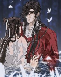 Rule 34 | 2boys, bishounen, black hair, blurry, blurry background, blurry foreground, braid, brown hair, bug, butterfly, butterfly necklace, chinese clothes, depth of field, eyepatch, glowing butterfly, hair bun, hair over one eye, hair ribbon, hand on another&#039;s arm, hanfu, highres, hua cheng, insect, jewelry, long hair, long sleeves, looking at another, male focus, mandarin collar, multiple boys, necklace, one eye covered, parted lips, partially submerged, red eyes, red hanfu, ribbon, robe, ronpu cooing, side braid, single braid, single hair bun, smile, tianguan cifu, upper body, water, wet, wet clothes, wet hair, white butterfly, white hanfu, white ribbon, wide sleeves, xie lian, yaoi, yuanlingpao