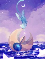 afloat alternate_color animal_focus blue_eyes blue_skin cloud cloudy_sky colored_skin crescent_moon crying flying full_body gen_1_pokemon gen_3_pokemon legendary_pokemon li04r looking_at_another looking_down looking_up lunatone mew_(pokemon) moon mythical_pokemon night nintendo no_humans ocean outdoors pokemon pokemon_(creature) purple_sky reaching shiny_pokemon sky star_(sky) star_(symbol) water