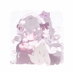 1girl blush bow cropped_torso earmuffs ghost grey_hair grey_sweater hair_between_eyes hair_bow hair_ornament hairclip holding long_hair long_sleeves looking_at_viewer memuro original pink_eyes scarf sleeves_past_wrists snowman solo striped_bow sweater twitter_username upper_body white_background