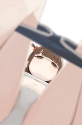 Rule 34 | 1girl, blurry, blurry foreground, bra, clothes pull, from below, grey bra, grey panties, highres, hiroki (yyqw7151), looking at viewer, original, panties, shorts, shorts pull, solo, training bra, underwear