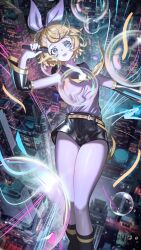 1girl absurdres aqua_eyes black_shorts black_sleeves blonde_hair city detached_sleeves hair_ornament hairclip highres holding holding_microphone kagamine_rin microphone night shale shirt short_hair shorts solo vocaloid white_shirt