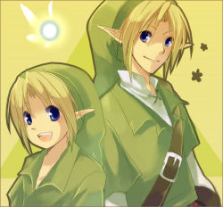 2boys back-to-back bad_id bad_pixiv_id blonde_hair blue_eyes dual_persona edacchi fairy hat link male_focus multiple_boys navi nintendo pointy_ears smile the_legend_of_zelda the_legend_of_zelda:_ocarina_of_time time_paradox young_link
