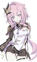 0n2ln 1girl black_shorts blue_eyes breasts cleavage corset cowboy_shot elf elysia_(honkai_impact) elysia_(miss_pink_elf)_(honkai_impact) hair_ornament hashtag-only_commentary highres honkai_(series) honkai_impact_3rd large_breasts long_hair open_mouth pink_hair pointy_ears short_shorts shorts shrug_(clothing) simple_background smile solo thighs very_long_hair white_background white_corset