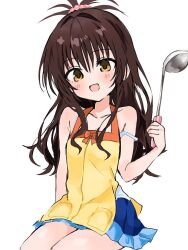 1girl :d apron armpit_crease bare_shoulders baru_4416 breasts brown_hair cleavage commentary_request hair_bobbles hair_ornament holding holding_ladle ladle long_hair looking_at_viewer open_mouth sidelocks simple_background sitting smile solo strap_slip to_love-ru topknot white_background yellow_apron yuuki_mikan