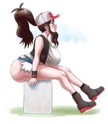 1girl ass bare_shoulders baseball_cap black_vest blue_background blue_eyes brown_hair denim denim_shorts from_side full_body gradient_background hat hilda_(pokemon) huge_ass legs long_hair looking_up matsumaruyama nintendo pokemon pokemon_bw ponytail short_shorts shorts sidelocks sitting sleeveless solo tank_top vest white_background white_tank_top wristband