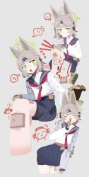 1girl absurdres ahoge animal_ears bandaid bandaid_on_leg bike_shorts blue_archive boots brown_boots brown_gloves brown_hair doodle_sensei_(blue_archive) fox_ears fox_girl gloves green_eyes green_halo halo highres long_sleeves odmised otogi_(blue_archive) school_uniform sensei_(blue_archive) serafuku