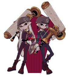 2girls armband beret blonde_hair blue_jacket blue_pants boots brown_boots brown_hat brown_jacket brown_pants commentary_request dynamo_roller_(splatoon) epaulettes full_body gloves green_eyes hair_behind_ear hand_on_own_hip hat holding holding_weapon imaikuy0 inkling inkling_girl inkling_player_character jacket long_hair long_sleeves looking_at_viewer military_uniform multiple_girls nintendo octoling octoling_girl octoling_player_character pants pointy_ears red_armband red_eyes short_hair splatoon_(series) standing tentacle_hair transparent_background twintails very_long_hair weapon white_gloves