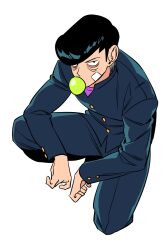 Rule 34 | 1boy, bags under eyes, bandaid, bandaid on cheek, bandaid on face, black eyes, black hair, blowing bubbles, commentary request, delinquent, from above, full body, gakuran, highres, korean commentary, looking at viewer, male focus, mob psycho 100, onigawara tenga, pompadour, school uniform, solo, squatting, taejo (taejo68)