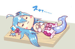 1girl ahoge ajitarou_(setsu) blue_hair cutting_board emil_chronicle_online frilled_skirt frills hair_ornament hair_ribbon long_hair lorelei_lore lying mermaid monster_girl navel own_hands_clasped own_hands_together pink_ribbon pink_skirt ribbon skirt sleeping