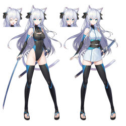 1girl absurdres animal_ear_fluff animal_ears bare_shoulders blue_eyes breasts bridal_gauntlets commission elbow_gloves full_body gloves grey_hair hair_ribbon highres holding holding_sheath holding_sword holding_weapon japanese_clothes kimono leotard long_hair looking_at_viewer medium_breasts multiple_expressions mytea_(soso) original ribbon sandals sash sheath short_kimono smile solo standing stirrup_legwear sword tail thighhighs toeless_legwear unsheathed weapon white_background white_kimono