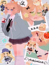 Rule 34 | 2girls, ahoge, alternate costume, loose socks, black necktie, blonde hair, blue eyes, chibi, dokibird (vtuber), dokibird (vtuber) (bounty hunter), dokibird (vtuber) (retro doki), dokibird (vtuber) (tomato), dragoon (dokibird), drink, feet out of frame, flower, green eyes, grey hoodie, highres, holding, holding drink, hood, hoodie, indie virtual youtuber, l0nari, medium hair, mint fantome, multiple girls, multiple views, necktie, photo (object), pleated skirt, pointy ears, ponytail, signature, skirt, smile, virtual youtuber, zzz