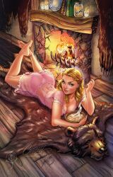 Rule 34 | 1girl, artist name, barefoot, bear skin rug, blonde hair, blue eyes, bowl, breasts, cleavage, fire, fireplace, goldilocks, goldilocks and the three bears, highres, holding, holding bowl, holding spoon, indoors, j. scott campbell, jar, large breasts, lingerie, long hair, looking at viewer, lying, negligee, on stomach, panties, pink negligee, pink panties, signature, solo, spoon, underwear, watermark, web address, wooden bowl, wooden floor, wooden spoon